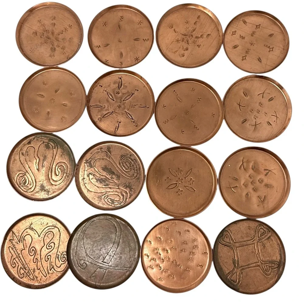 Unbranded Copper Coasters Set 16 Wood Caddy Brown Good Hand Stamped Etched MCM